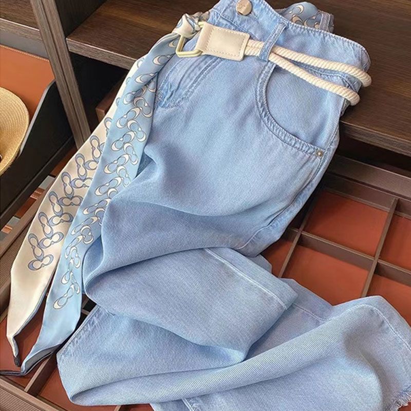  バギーパンツ 新作レディースデニム ハイウエスト スカーフベルト付きワイドパンツ