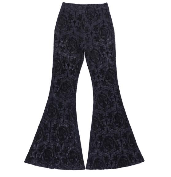  バギーパンツ 黒レース透け感ワイドフレアパンツ