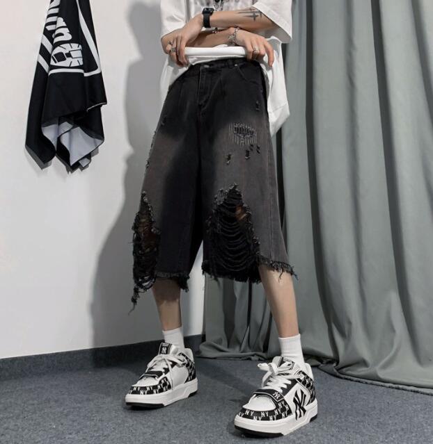  バギーパンツ メンズ デニム ハーフパンツ ダメージ加工 破れ膝