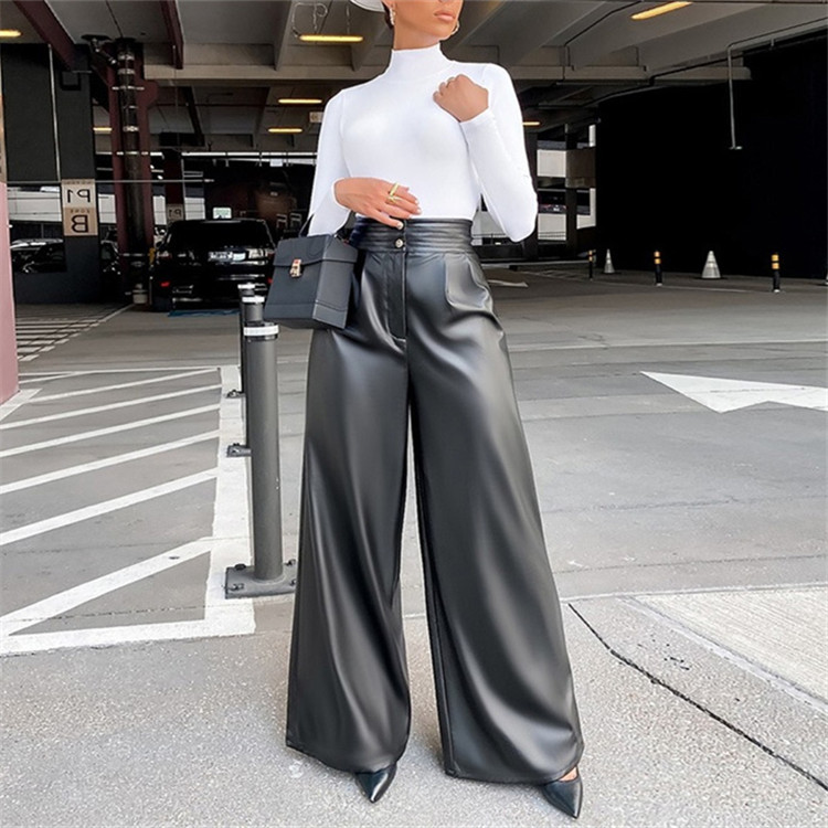  バギーパンツ ワイド合皮パンツ ハイウエスト無地レザー調秋冬