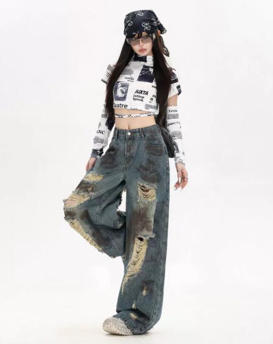  バギーパンツ レディース ダメージ加工 デニム ワイドパンツ
