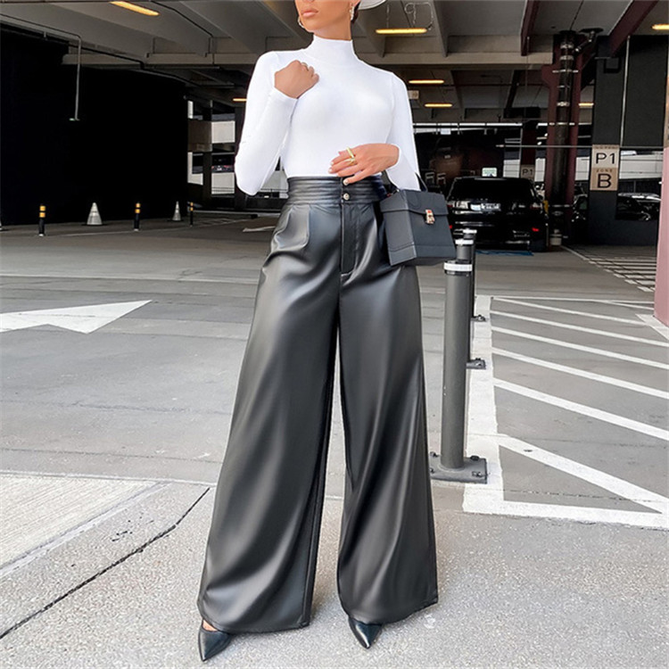  バギーパンツ ワイド合皮パンツ ハイウエスト無地レザー調秋冬