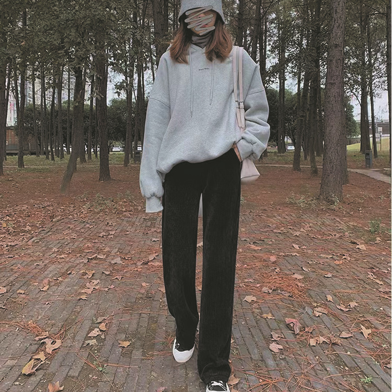  バギーパンツ コーデュロイ縦リブワイドパンツ女性用ゆったりウエストゴム