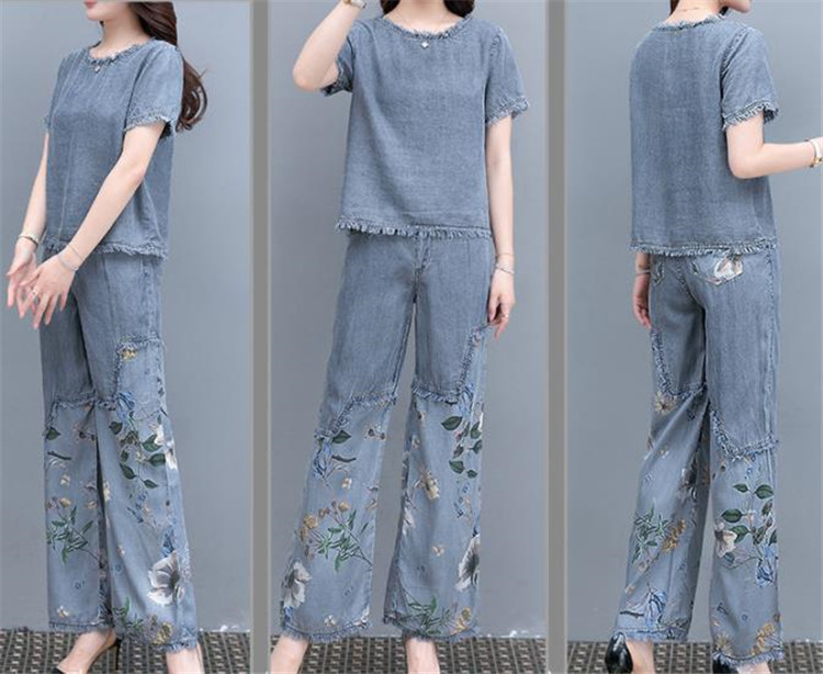  バギーパンツ 夏の花柄プリントデニム上下セット ゆったりバギーパンツ