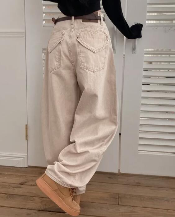  バギーパンツ ハート刺繍デニムワイドパンツ バギーシルエット