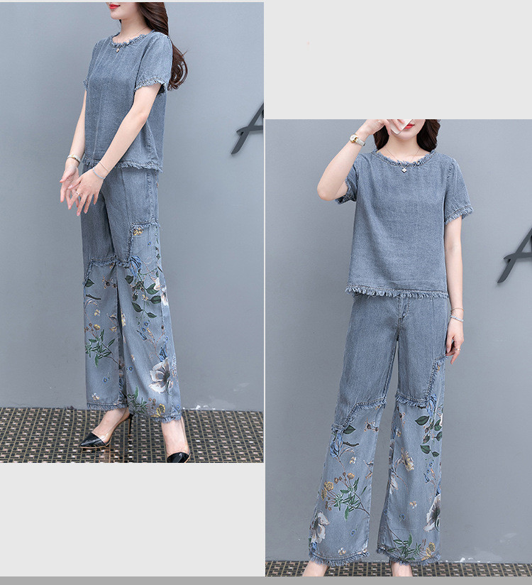  バギーパンツ 夏の花柄プリントデニム上下セット ゆったりバギーパンツ