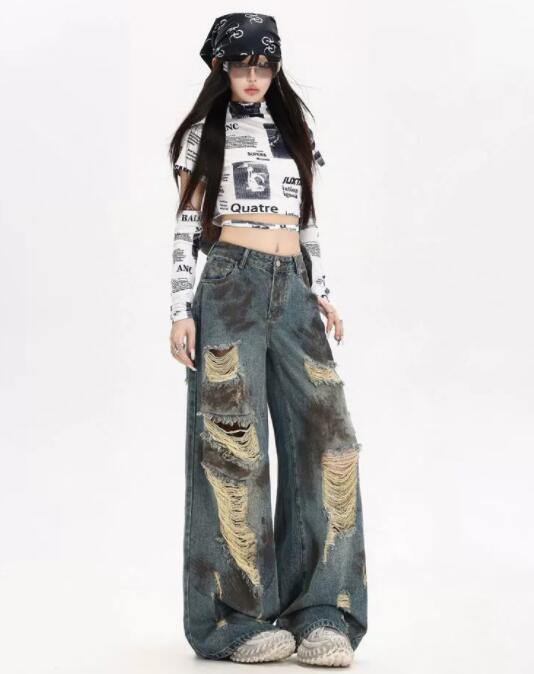  バギーパンツ レディース ダメージ加工 デニム ワイドパンツ