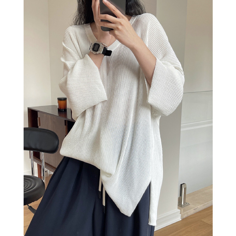 オーバーサイズTシャツ 立体リブ編みブイネックゆったりオーバーサイズニットトップス