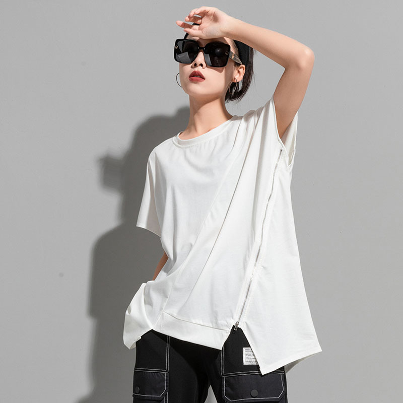 オーバーサイズTシャツ レディースサイドジップデザイン ゆったりTシャツ