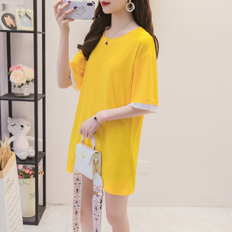 オーバーサイズTシャツ レディース配色袖口シンプルゆったりチュニック丈半袖トップス