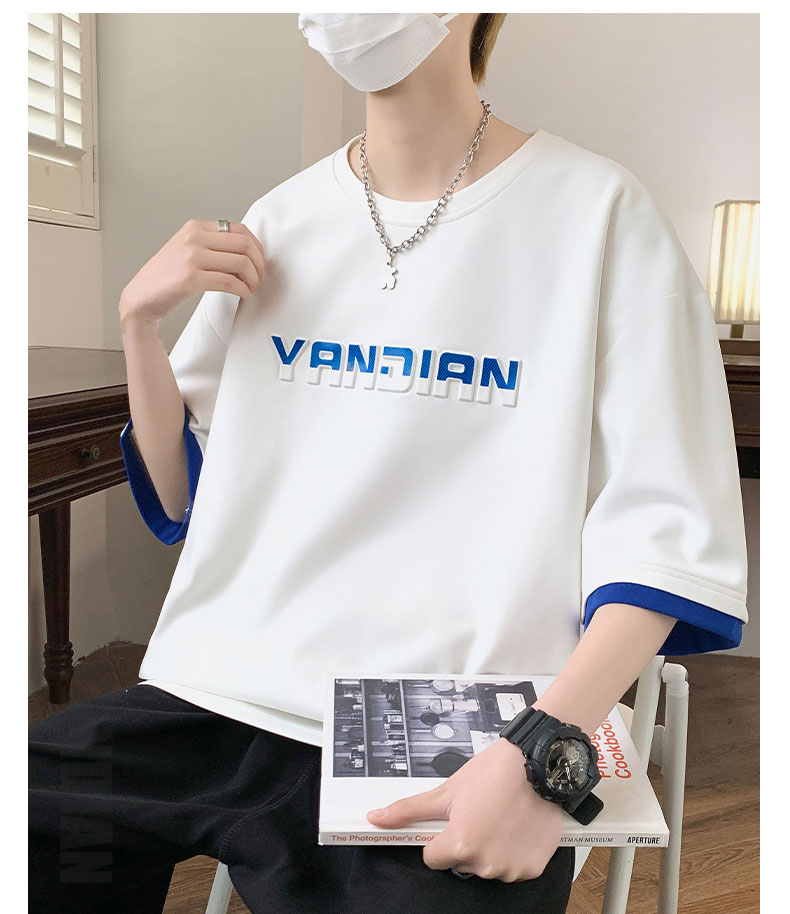 オーバーサイズTシャツ 立体ロゴ入り五分袖ゆったりシャツ