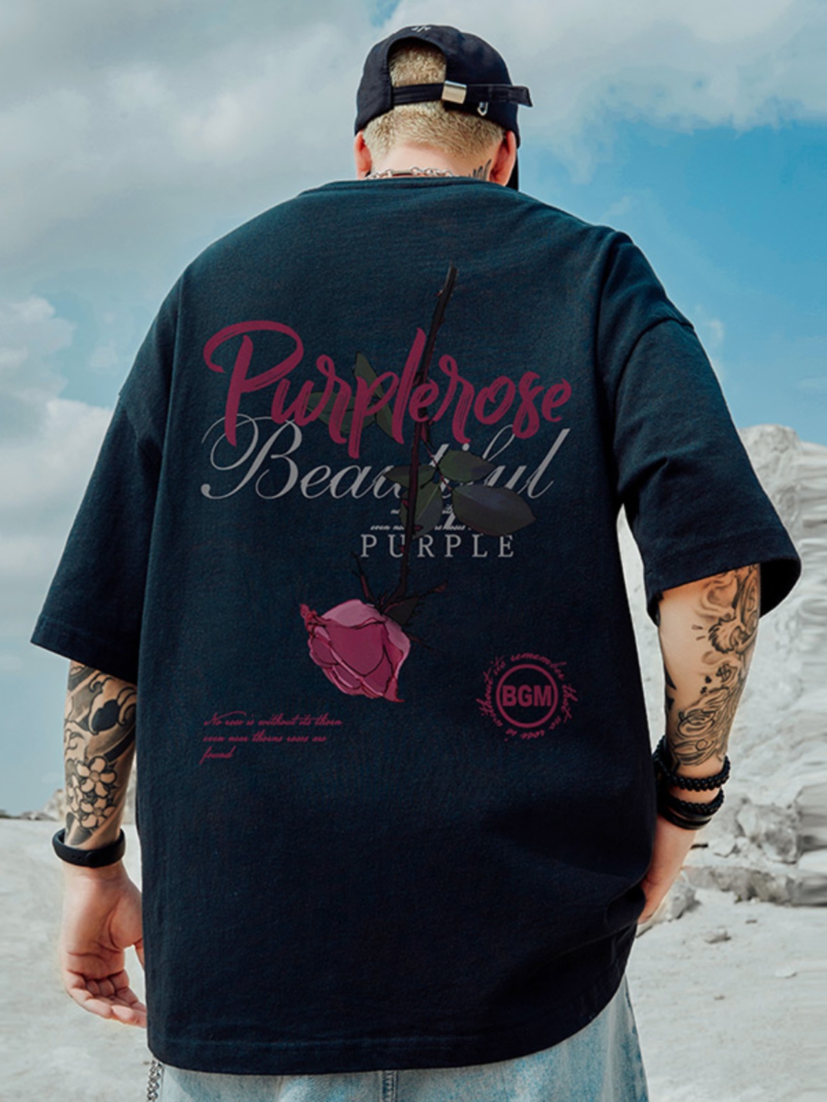 オーバーサイズTシャツ 紫薔薇モチーフ オーバーサイズ半袖