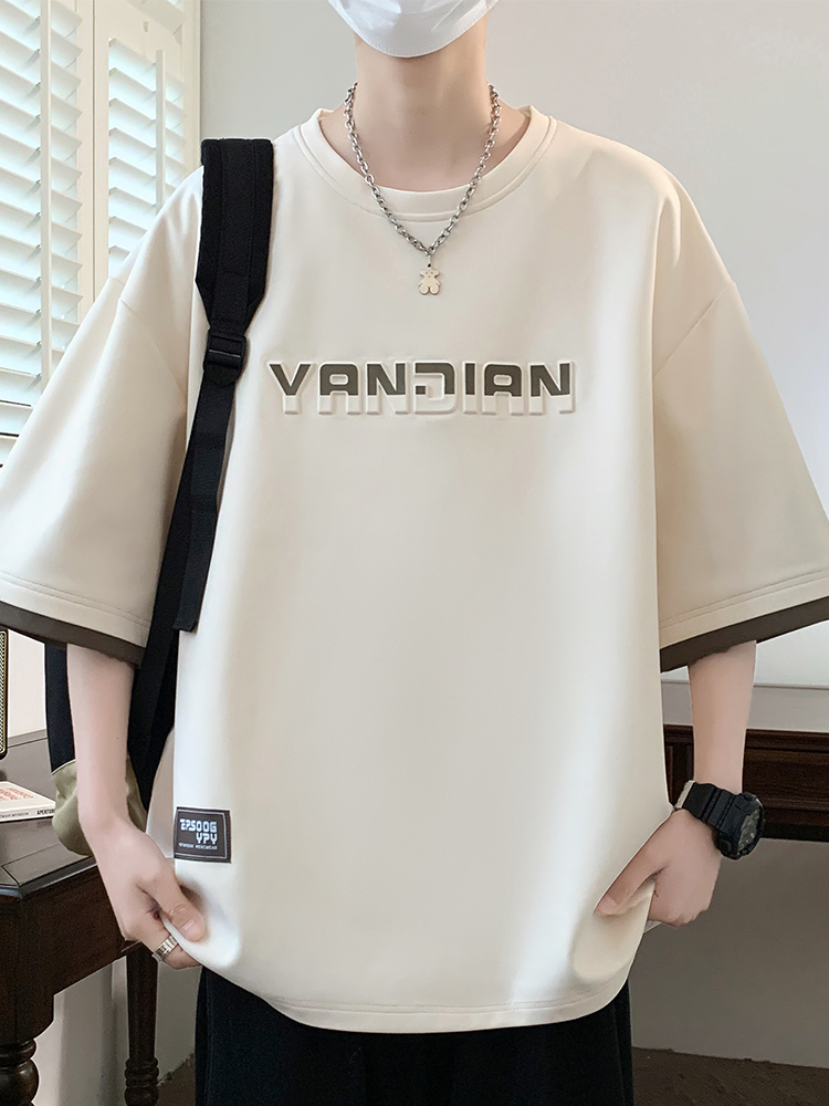 オーバーサイズTシャツ 立体ロゴ入り五分袖ゆったりシャツ