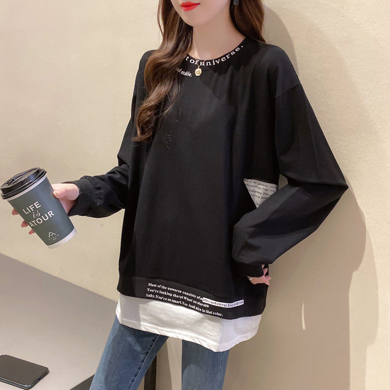 オーバーサイズTシャツ レイヤード風ロゴ刺繍付き重ね着風長袖トップス