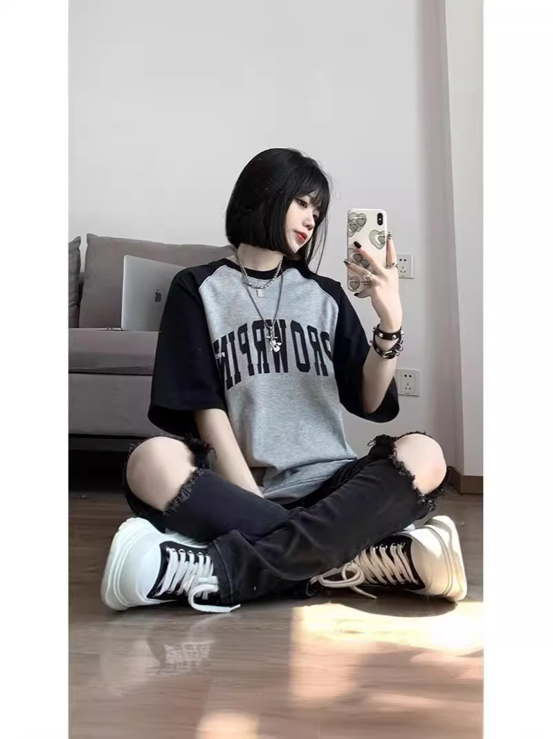 オーバーサイズTシャツ 切替配色ロゴプリント半袖ゆったりトップス