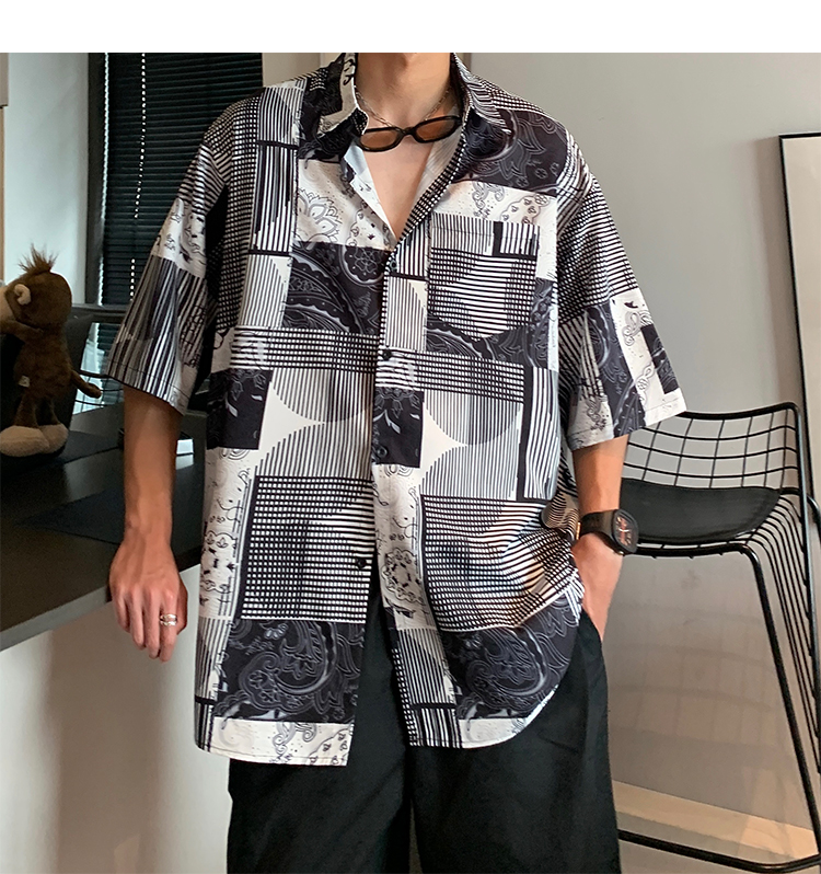 オーバーサイズTシャツ パッチワーク柄開襟半袖シャツ