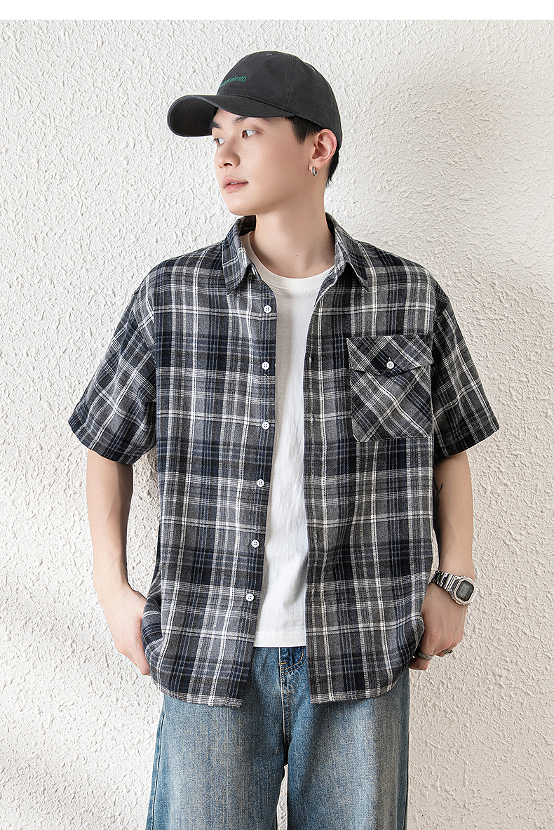オーバーサイズTシャツ 格子柄ゆったり半袖シャツ