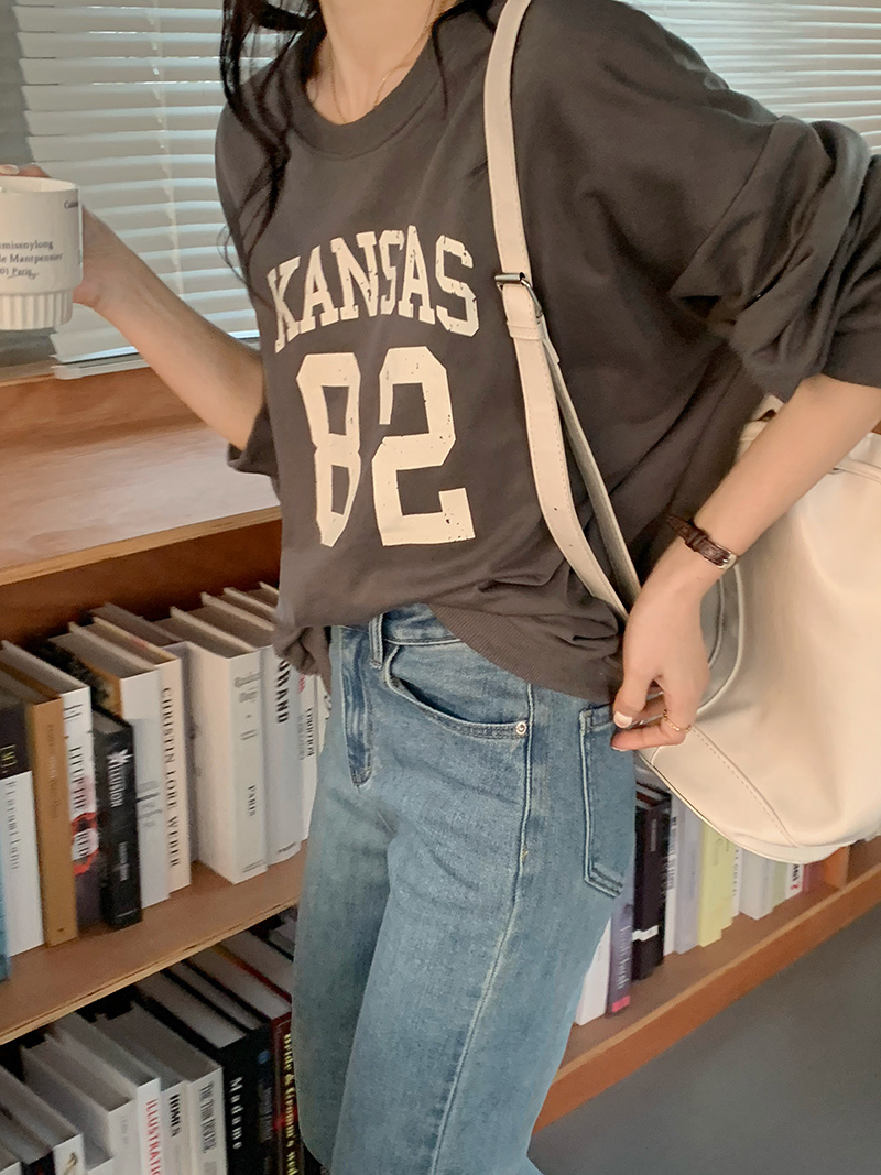 オーバーサイズTシャツ 韓国風ロゴプリント長袖オーバーサイズ