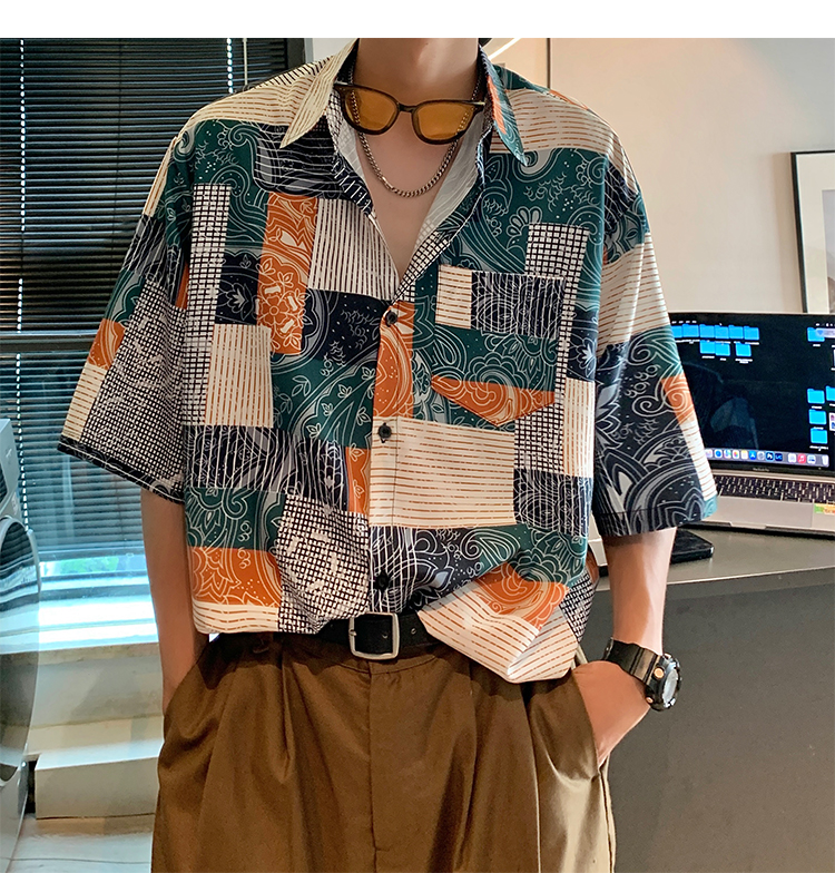 オーバーサイズTシャツ パッチワーク柄開襟半袖シャツ