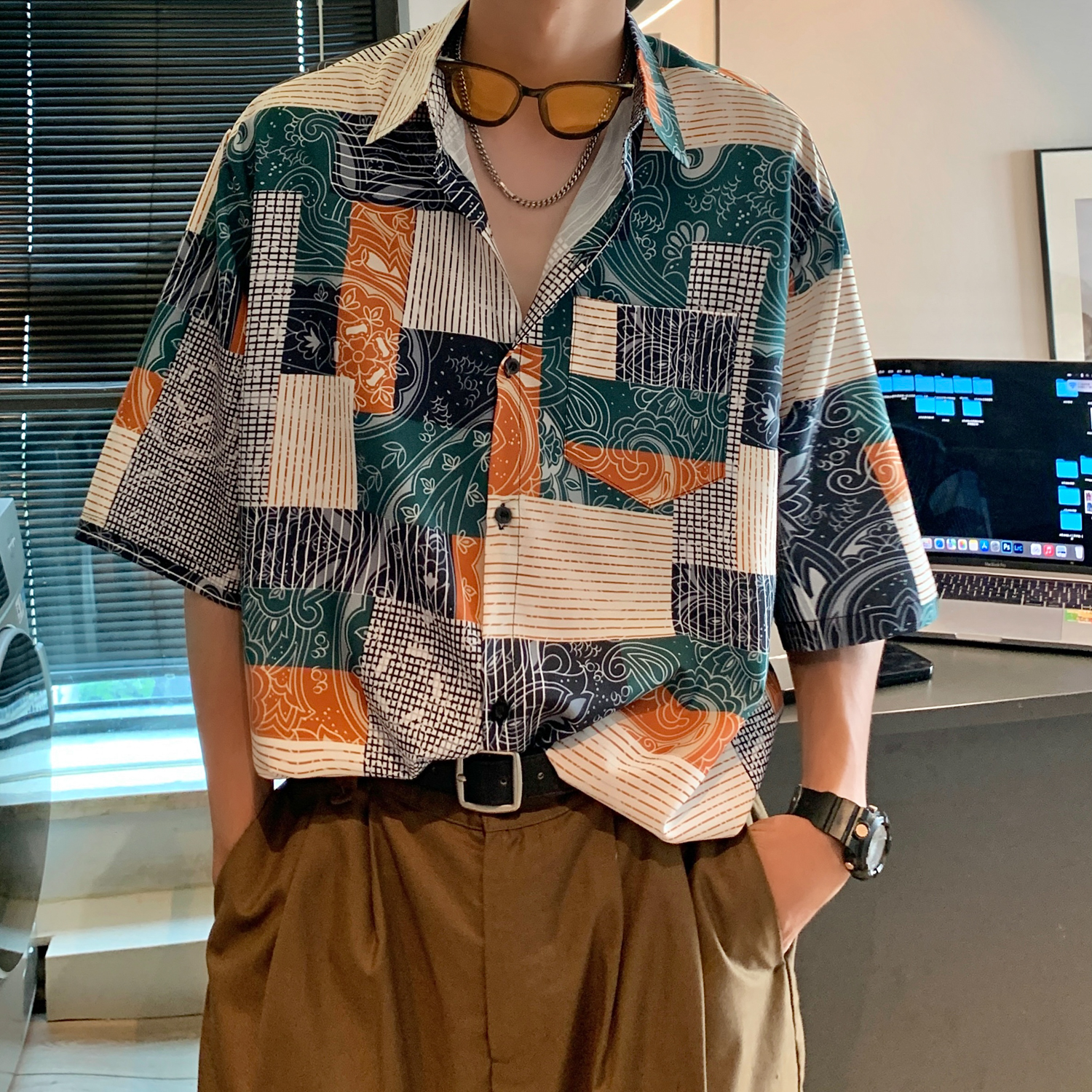 オーバーサイズTシャツ パッチワーク柄開襟半袖シャツ