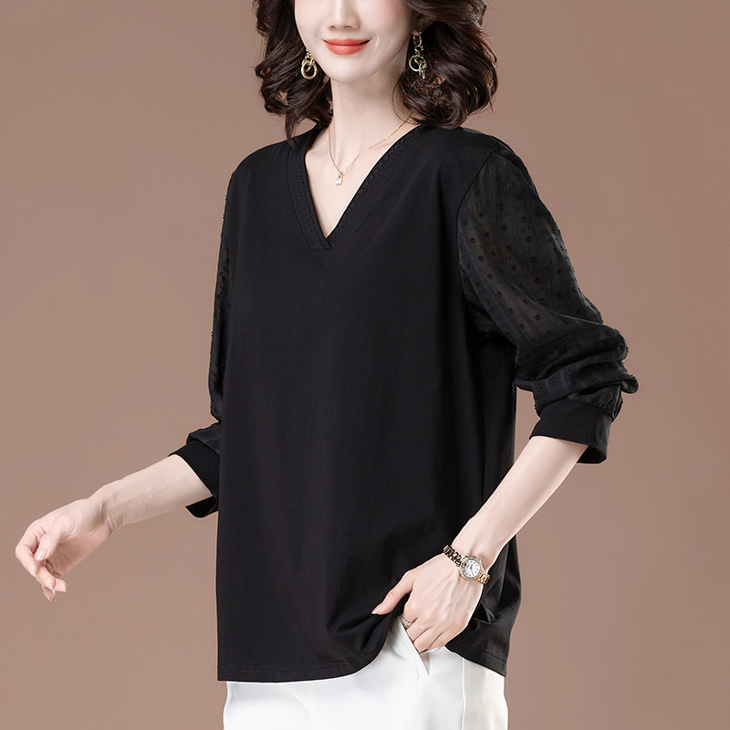 オーバーサイズTシャツ 透け感袖切替ブイネックゆったりトップス