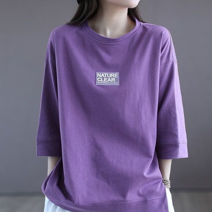 オーバーサイズTシャツ 自然派ゆったり七分袖ロゴ入りトップス
