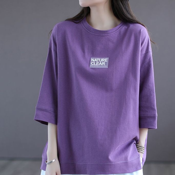 オーバーサイズTシャツ 自然派ゆったり七分袖ロゴ入りトップス