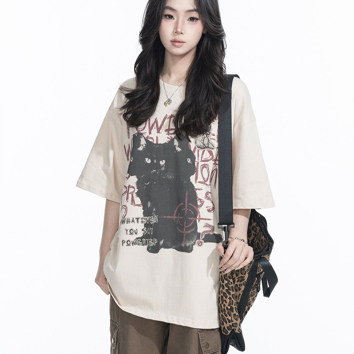 オーバーサイズTシャツ 猫柄アートプリント半袖ゆったりシャツ