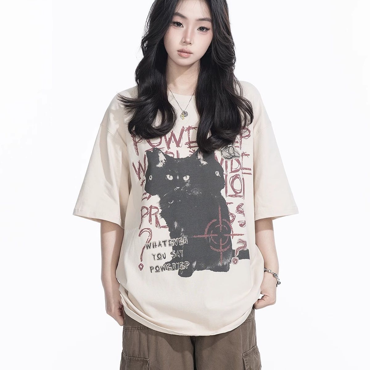 オーバーサイズTシャツ 猫柄アートプリント半袖ゆったりシャツ