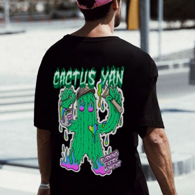 オーバーサイズTシャツ メンズ サボテン柄プリント オーバーサイズ半袖カットソー 全2色