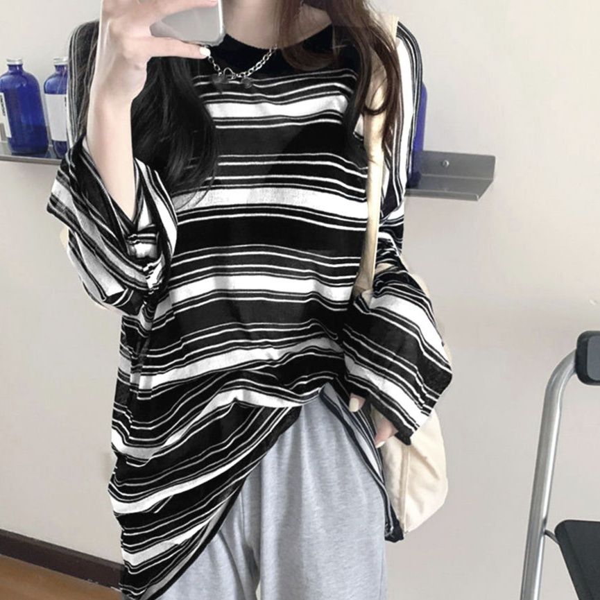 レディース ボーダー柄 長袖オーバーサイズTシャツ