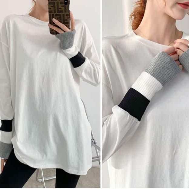 オーバーサイズTシャツ 配色リブ袖口切替長袖