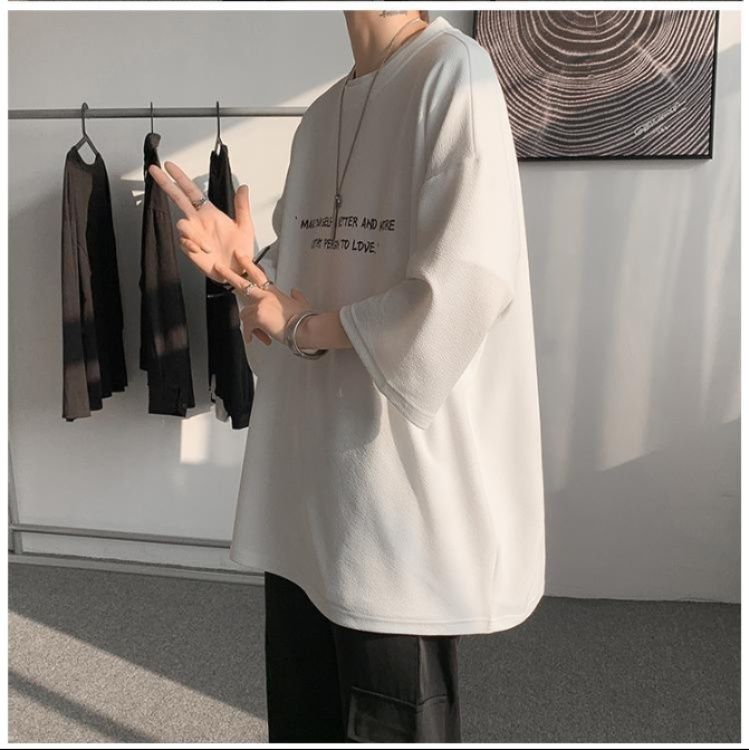 オーバーサイズTシャツ メンズ英字メッセージプリント五分袖ゆったりトップス