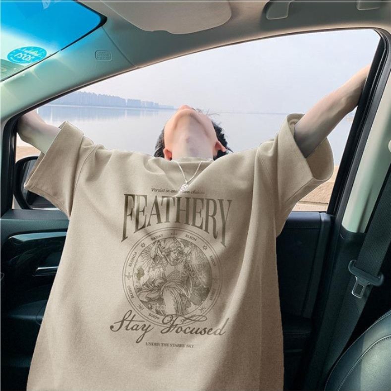 オーバーサイズTシャツ メンズ天使モチーフプリント五分袖ゆったり半袖トップス