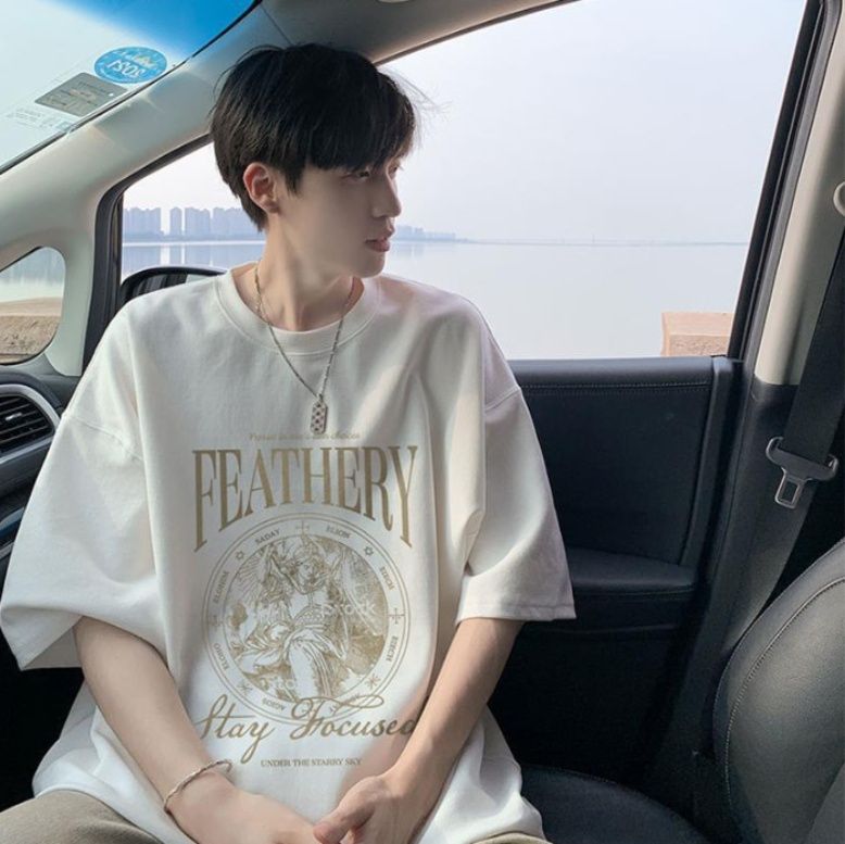 オーバーサイズTシャツ メンズ天使モチーフプリント五分袖ゆったり半袖トップス