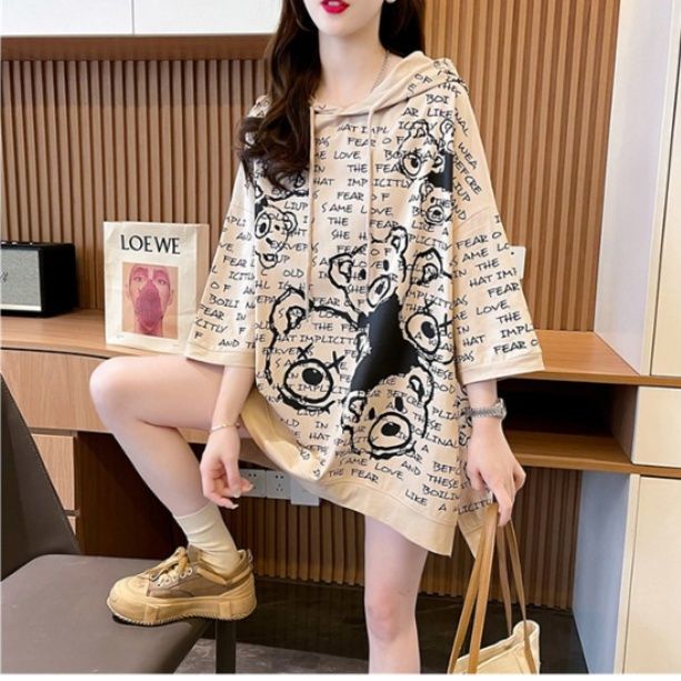 オーバーサイズTシャツ レディース総柄文字プリントゆったり七分袖トップス
