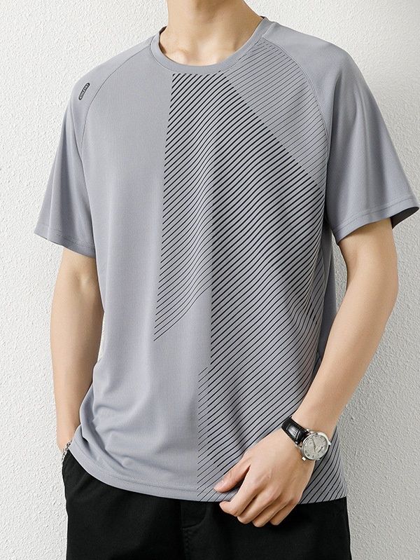 オーバーサイズTシャツ 幾何学ライン柄半袖オーバーサイズ丸首半袖