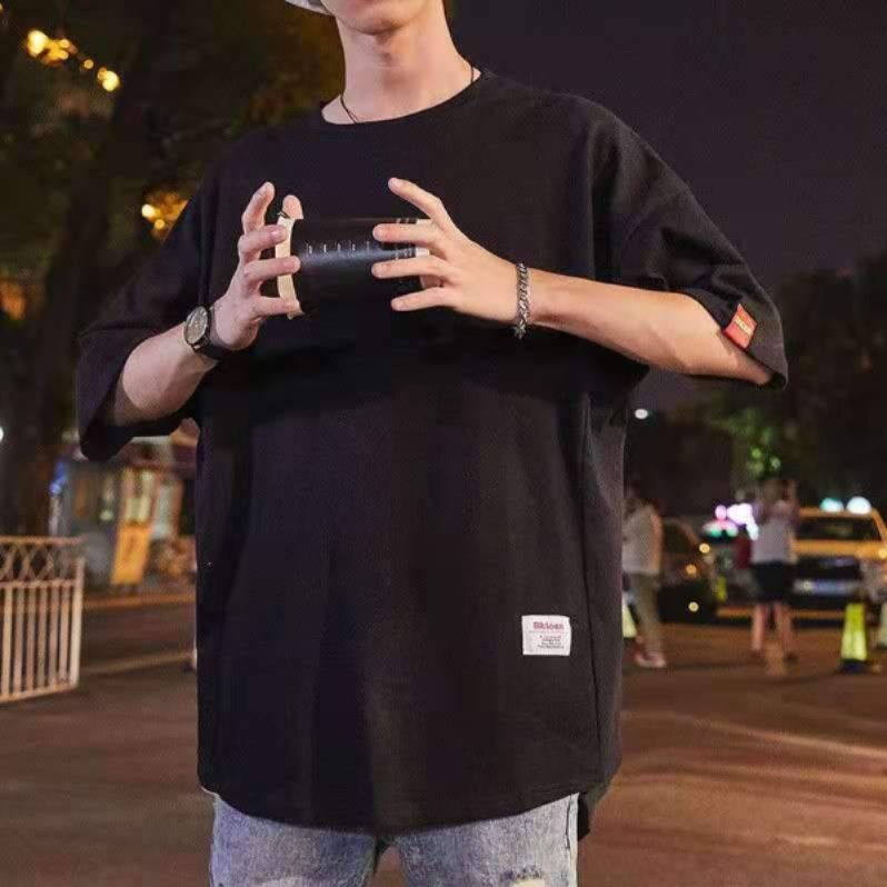 オーバーサイズTシャツワッペン付きゆったり無地半袖丸首カットソー