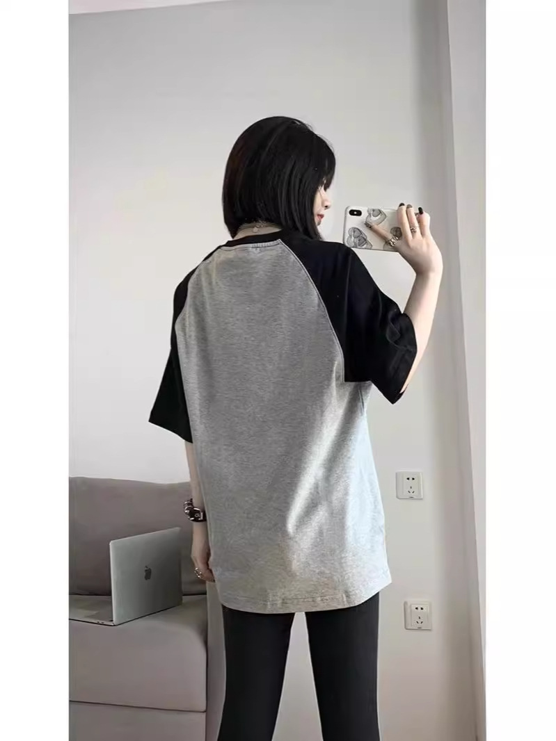 オーバーサイズTシャツ 切替配色ロゴプリント半袖ゆったりトップス