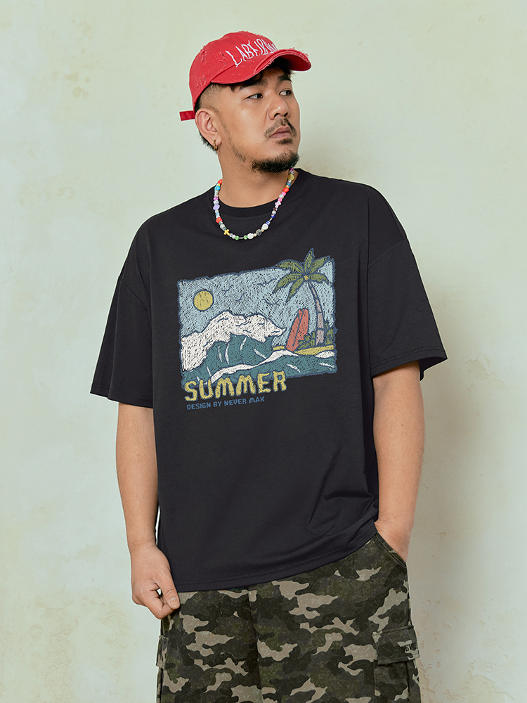 オーバーサイズTシャツ 南国ビーチ ゆったりプリント半袖