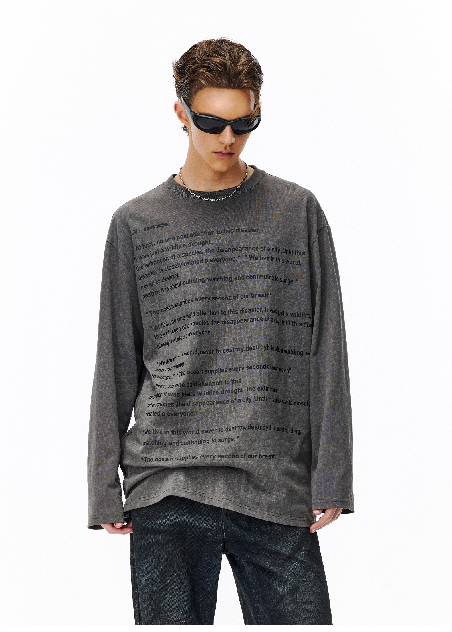 オーバーサイズTシャツ 詩的メッセージプリント長袖ティー