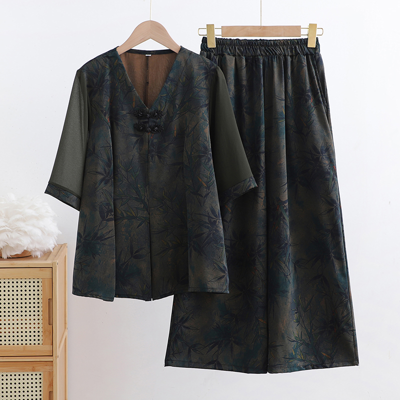 オーバーサイズTシャツ 和風植物柄チャイナセットアップ