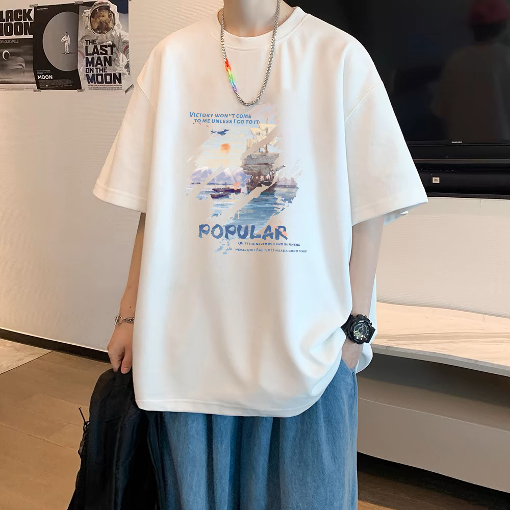 オーバーサイズTシャツ 船アート柄プリント半袖ゆったりティーシャツ