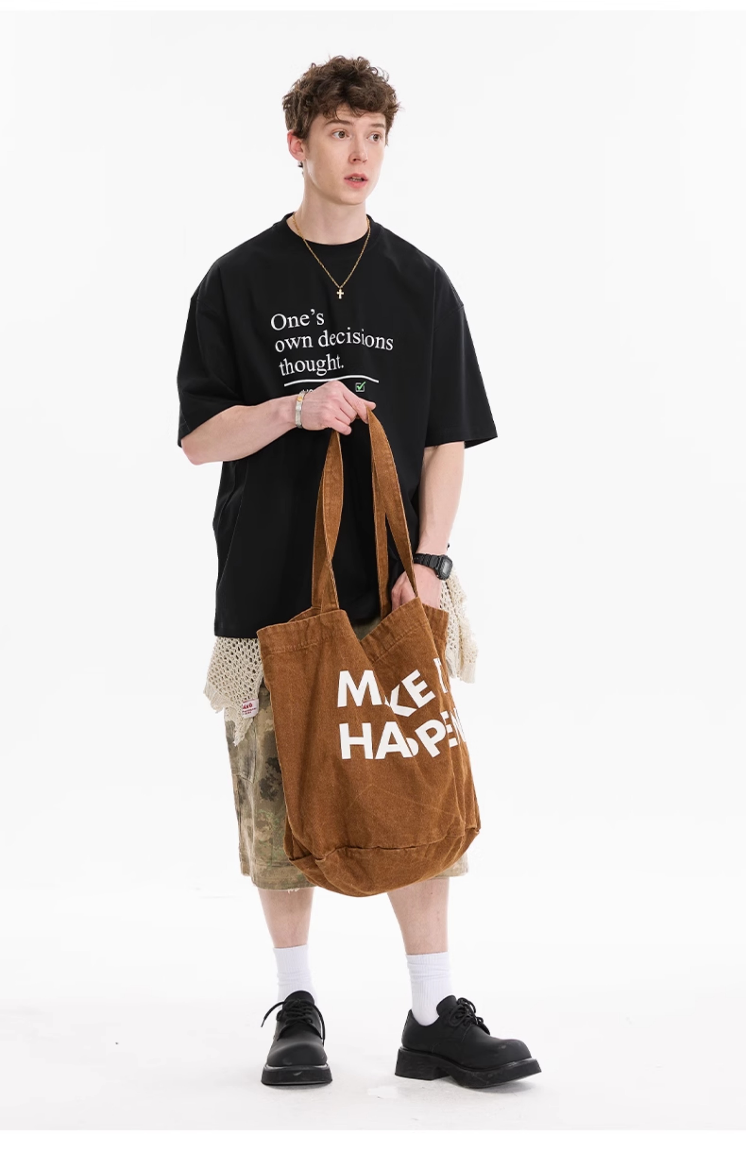 オーバーサイズTシャツ 自己決断メッセージプリントゆったり半袖
