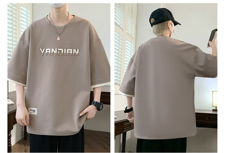 オーバーサイズTシャツ 立体ロゴ入り五分袖ゆったりシャツ