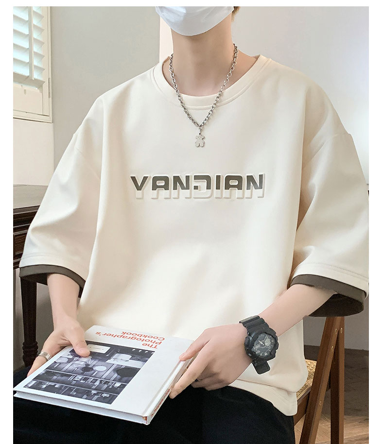 オーバーサイズTシャツ 立体ロゴ入り五分袖ゆったりシャツ