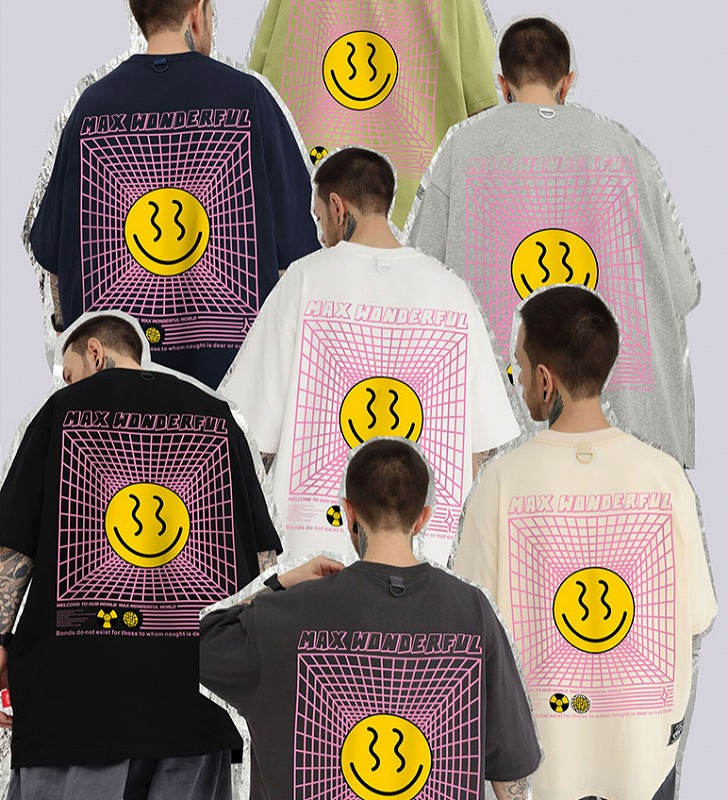 オーバーサイズTシャツ メンズ スマイル柄 半袖Tシャツ 男女兼用