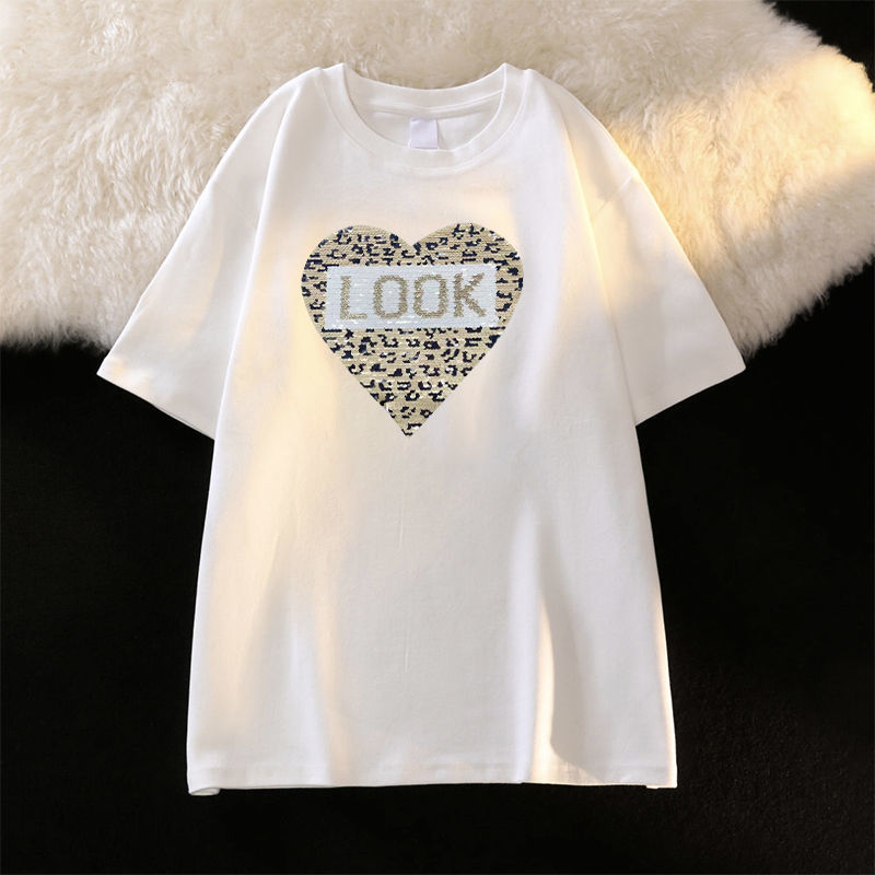 オーバーサイズTシャツレディース 豹柄ハートロゴプリント半袖