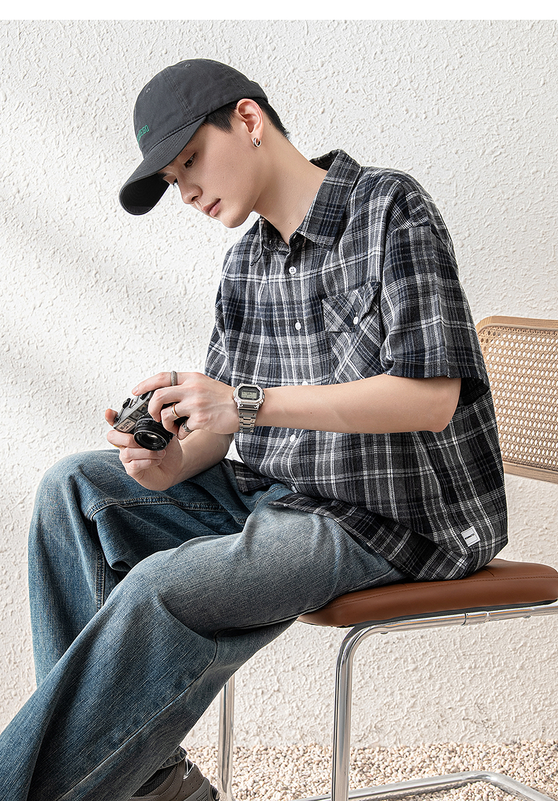オーバーサイズTシャツ 格子柄ゆったり半袖シャツ