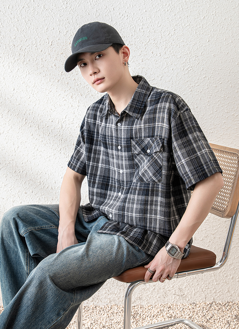 オーバーサイズTシャツ 格子柄ゆったり半袖シャツ